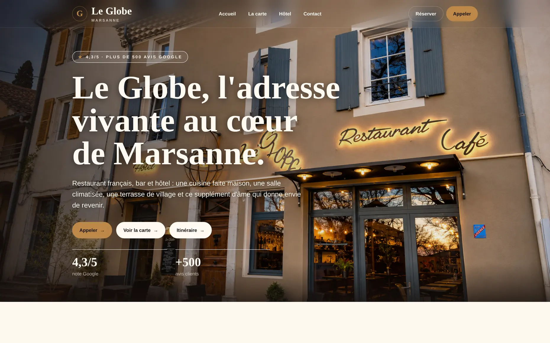 Page d’accueil du site Le Globe : photographie de la façade du restaurant à Marsanne et titre éditorial.